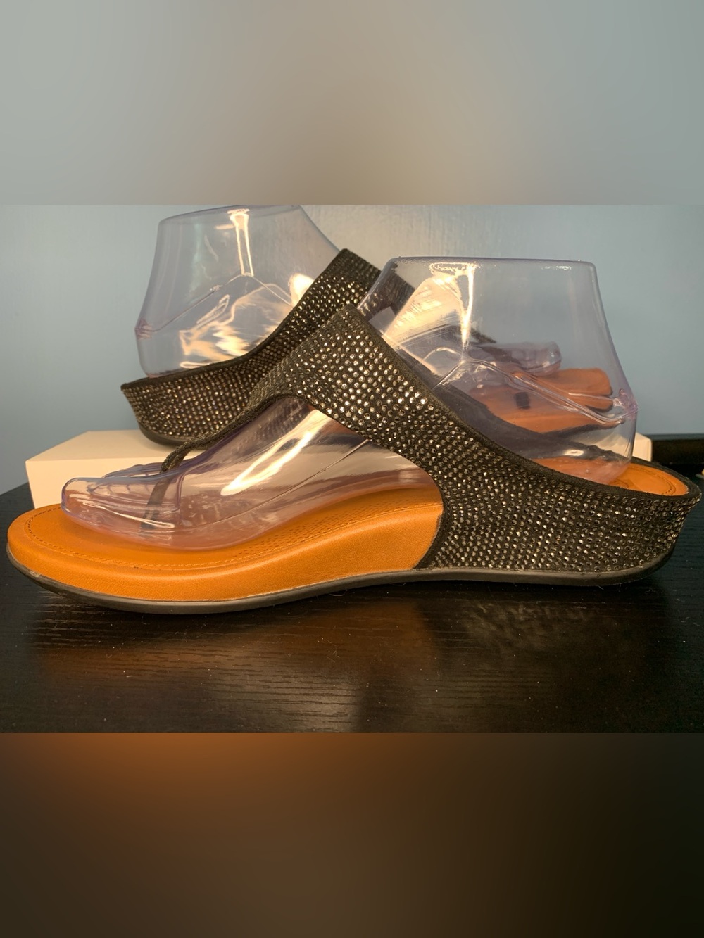 Fitflop Black Sparkle T-strap Sandals with Tan Footbed